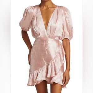 Ronny Kobo Mindy Satin Puff Sleeve Ruffle Blush Pink Mini Dress